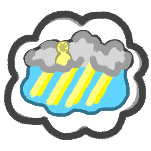 a white thought bubble with a long grey cloud inside it. under the cloud is a blue sky, coming out of the cloud downward are 4 rays in two shades of yellow. peaking out of the top of the cloud is a yellow figure with a scribbled out face to represent a deity.